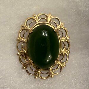 Vintage 12K Gold Filled Jade Brooch • Nephrite Cabochon • Ornate Filigree Pin